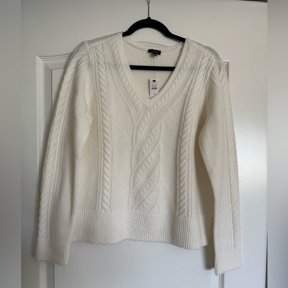 NWT Talbots V-Neck White Cable Knit Sweater Sz M